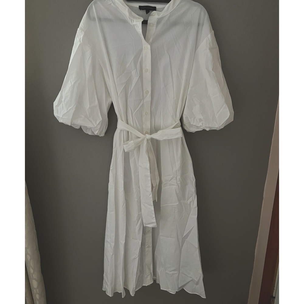 White button down puff sleeve Banana Republic dress with tie for waist